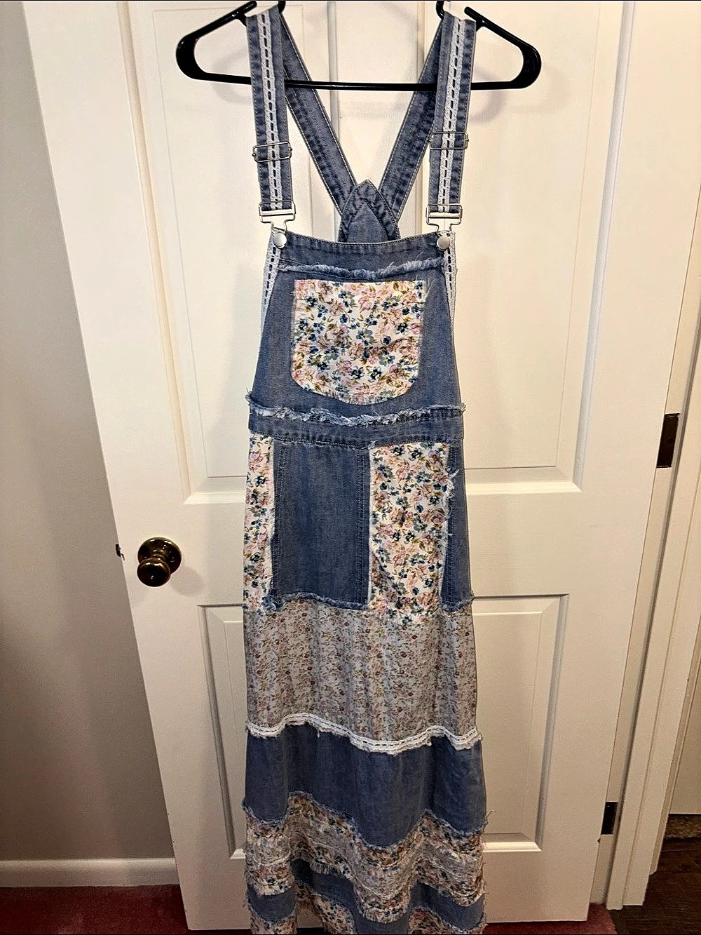 POL Annie Patchwork Overall Maxi Dress Floral Denim Small